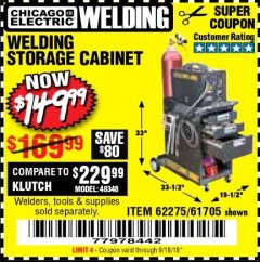 Harbor Freight Coupon WELDING STORAGE CABINET Lot No. 62275/61705 Expired: 9/18/18 - $149.99