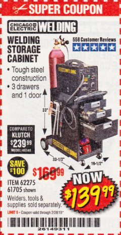 Harbor Freight Coupon WELDING STORAGE CABINET Lot No. 62275/61705 Expired: 2/28/19 - $139.99
