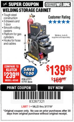 Harbor Freight Coupon WELDING STORAGE CABINET Lot No. 62275/61705 Expired: 3/17/19 - $139.99