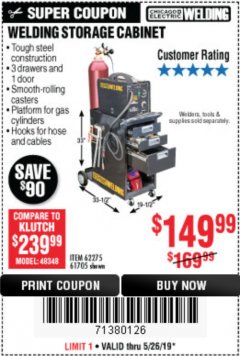 Harbor Freight Coupon WELDING STORAGE CABINET Lot No. 62275/61705 Expired: 5/26/19 - $149.99