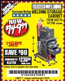 Harbor Freight Coupon WELDING STORAGE CABINET Lot No. 62275/61705 Expired: 11/9/19 - $149.99