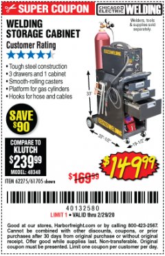 Harbor Freight Coupon WELDING STORAGE CABINET Lot No. 62275/61705 Expired: 2/29/20 - $149.99