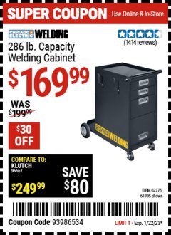Harbor Freight Coupon WELDING STORAGE CABINET Lot No. 62275/61705 Expired: 1/22/23 - $169.99