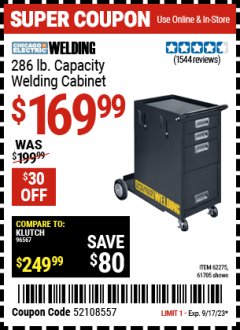 Harbor Freight Coupon WELDING STORAGE CABINET Lot No. 62275/61705 Expired: 9/17/23 - $169.99