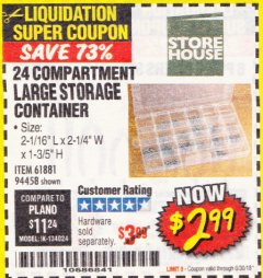 Harbor Freight Coupon 24 COMPARTMENT LARGE STORAGE CONTAINER Lot No. 61881/94458 Expired: 6/30/18 - $2.99