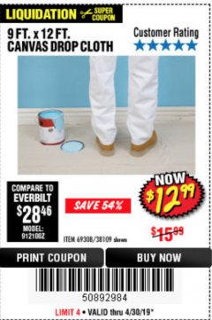 Harbor Freight Coupon 9 FT. x 12 FT. CANVAS DROP CLOTH Lot No. 69308/38109 Expired: 4/30/19 - $12.99