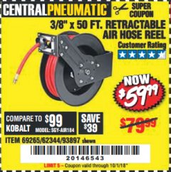 Harbor Freight Coupon RETRACTABLE AIR HOSE REEL WITH 3/8" x 50 FT. HOSE Lot No. 93897/69265/62344 Expired: 10/1/18 - $59.99