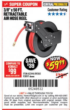 Harbor Freight Coupon RETRACTABLE AIR HOSE REEL WITH 3/8" x 50 FT. HOSE Lot No. 93897/69265/62344 Expired: 7/31/18 - $59.99