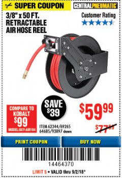 Harbor Freight Coupon RETRACTABLE AIR HOSE REEL WITH 3/8" x 50 FT. HOSE Lot No. 93897/69265/62344 Expired: 9/2/18 - $59.99