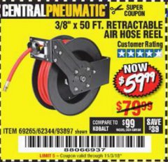 Harbor Freight Coupon RETRACTABLE AIR HOSE REEL WITH 3/8" x 50 FT. HOSE Lot No. 93897/69265/62344 Expired: 11/3/18 - $59.99