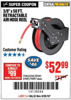 Harbor Freight Coupon RETRACTABLE AIR HOSE REEL WITH 3/8" x 50 FT. HOSE Lot No. 93897/69265/62344 Expired: 8/26/18 - $0