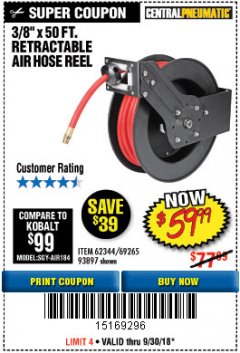 Harbor Freight Coupon RETRACTABLE AIR HOSE REEL WITH 3/8" x 50 FT. HOSE Lot No. 93897/69265/62344 Expired: 9/30/18 - $59.99