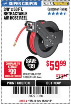 Harbor Freight Coupon RETRACTABLE AIR HOSE REEL WITH 3/8" x 50 FT. HOSE Lot No. 93897/69265/62344 Expired: 11/18/18 - $59.99