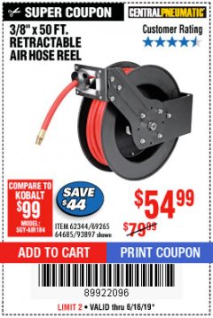 Harbor Freight Coupon RETRACTABLE AIR HOSE REEL WITH 3/8" x 50 FT. HOSE Lot No. 93897/69265/62344 Expired: 6/16/19 - $54.99