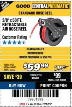 Harbor Freight Coupon RETRACTABLE AIR HOSE REEL WITH 3/8" x 50 FT. HOSE Lot No. 93897/69265/62344 Expired: 7/21/19 - $59.99