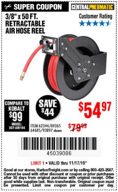 Harbor Freight Coupon RETRACTABLE AIR HOSE REEL WITH 3/8" x 50 FT. HOSE Lot No. 93897/69265/62344 Expired: 11/17/19 - $54.97