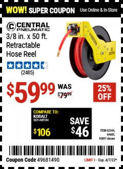 Harbor Freight Coupon RETRACTABLE AIR HOSE REEL WITH 3/8" x 50 FT. HOSE Lot No. 93897/69265/62344 Expired: 4/7/22 - $59.99