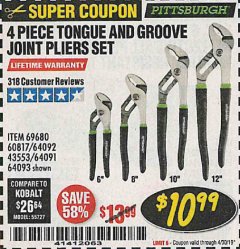 Harbor Freight Coupon 4 PIECE TONGUE AND GROOVE JOINT PLIERS SET Lot No. 60817/69376/69680/43553 Expired: 4/30/19 - $10.99