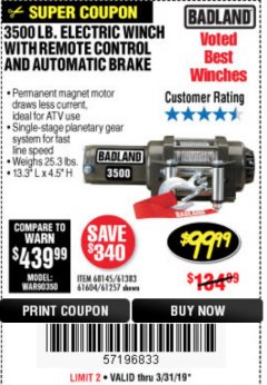 Harbor Freight Coupon 3500 LB. ELECTRIC WINCH WITH REMOTE CONTROL AND AUTOMATIC BRAKE Lot No. 61383/61604/61257 Expired: 3/31/19 - $99.99