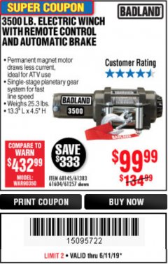 Harbor Freight Coupon 3500 LB. ELECTRIC WINCH WITH REMOTE CONTROL AND AUTOMATIC BRAKE Lot No. 61383/61604/61257 Expired: 6/11/19 - $99.99
