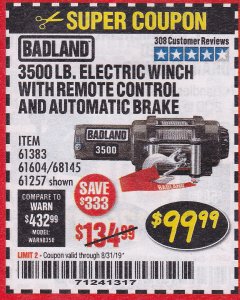 Harbor Freight Coupon 3500 LB. ELECTRIC WINCH WITH REMOTE CONTROL AND AUTOMATIC BRAKE Lot No. 61383/61604/61257 Expired: 8/31/19 - $99.99