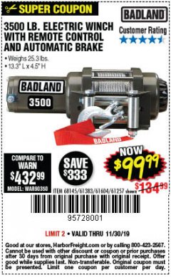 Harbor Freight Coupon 3500 LB. ELECTRIC WINCH WITH REMOTE CONTROL AND AUTOMATIC BRAKE Lot No. 61383/61604/61257 Expired: 11/30/19 - $99.99