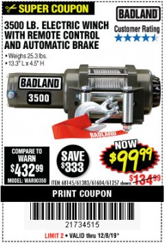 Harbor Freight Coupon 3500 LB. ELECTRIC WINCH WITH REMOTE CONTROL AND AUTOMATIC BRAKE Lot No. 61383/61604/61257 Expired: 12/8/19 - $99.99