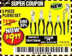 Harbor Freight Coupon 5PIECE PLIERS SET Lot No. 62598/69351/69352/69353/62597 Expired: 11/30/18 - $9.99