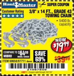 Harbor Freight Coupon 3/8" x 14 FT. GRADE 43 TOWING CHAIN Lot No. 97711/60658 Expired: 10/7/18 - $19.99