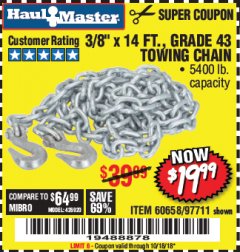 Harbor Freight Coupon 3/8" x 14 FT. GRADE 43 TOWING CHAIN Lot No. 97711/60658 Expired: 10/18/18 - $19.99