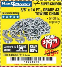 Harbor Freight Coupon 3/8" x 14 FT. GRADE 43 TOWING CHAIN Lot No. 97711/60658 Expired: 10/1/18 - $19.99