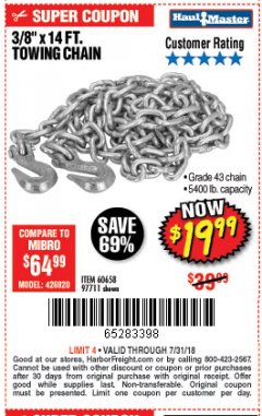 Harbor Freight Coupon 3/8" x 14 FT. GRADE 43 TOWING CHAIN Lot No. 97711/60658 Expired: 7/31/18 - $19.99