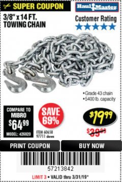 Harbor Freight Coupon 3/8" x 14 FT. GRADE 43 TOWING CHAIN Lot No. 97711/60658 Expired: 3/31/19 - $19.99