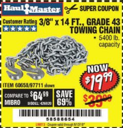 Harbor Freight Coupon 3/8" x 14 FT. GRADE 43 TOWING CHAIN Lot No. 97711/60658 Expired: 8/12/19 - $19.99