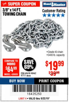 Harbor Freight Coupon 3/8" x 14 FT. GRADE 43 TOWING CHAIN Lot No. 97711/60658 Expired: 9/22/19 - $19.99