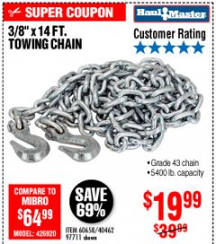 Harbor Freight Coupon 3/8" x 14 FT. GRADE 43 TOWING CHAIN Lot No. 97711/60658 Expired: 10/4/19 - $19.99