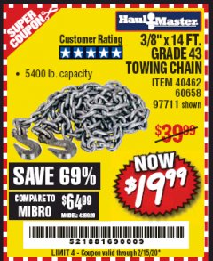 Harbor Freight Coupon 3/8" x 14 FT. GRADE 43 TOWING CHAIN Lot No. 97711/60658 Expired: 2/15/20 - $19.99