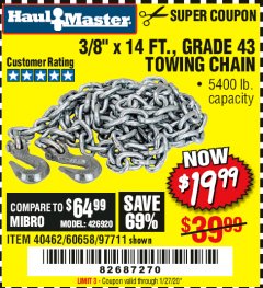Harbor Freight Coupon 3/8" x 14 FT. GRADE 43 TOWING CHAIN Lot No. 97711/60658 Expired: 1/27/20 - $19.99