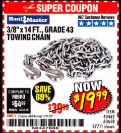 Harbor Freight Coupon 3/8" x 14 FT. GRADE 43 TOWING CHAIN Lot No. 97711/60658 Expired: 3/31/20 - $19.99