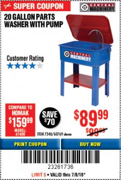 Harbor Freight Coupon 20 GALLON PARTS WASHER WITH PUMP Lot No. 7340/60769/94702 Expired: 7/8/18 - $89.99