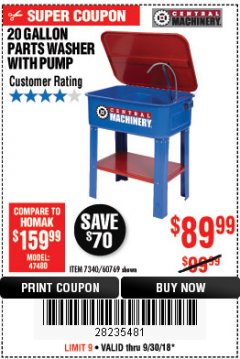 Harbor Freight Coupon 20 GALLON PARTS WASHER WITH PUMP Lot No. 7340/60769/94702 Expired: 9/30/18 - $89.99