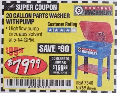 Harbor Freight Coupon 20 GALLON PARTS WASHER WITH PUMP Lot No. 7340/60769/94702 Expired: 8/31/19 - $79.99