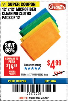 Harbor Freight Coupon MICROFIBER CLEANING CLOTHS PACK OF 12 Lot No. 63357/63361/63362 Expired: 7/8/18 - $4.99