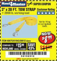 Harbor Freight Coupon 2" x 20 FT. TOW STRAP Lot No. 36612/60675/61943 Expired: 6/5/19 - $8.99