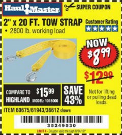 Harbor Freight Coupon 2" x 20 FT. TOW STRAP Lot No. 36612/60675/61943 Expired: 9/24/19 - $8.99