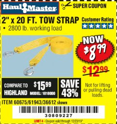 Harbor Freight Coupon 2" x 20 FT. TOW STRAP Lot No. 36612/60675/61943 Expired: 12/23/19 - $8.99