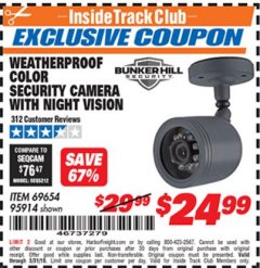 Harbor Freight ITC Coupon WEATHERPROOF COLOR SECURITY CAMERA WITH NIGHT VISION Lot No. 95914/69654 Expired: 5/31/19 - $24.99