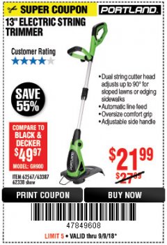 Harbor Freight Coupon 13" ELECTRIC STRING TRIMMER Lot No. 62567/62338 Expired: 9/9/18 - $21.99