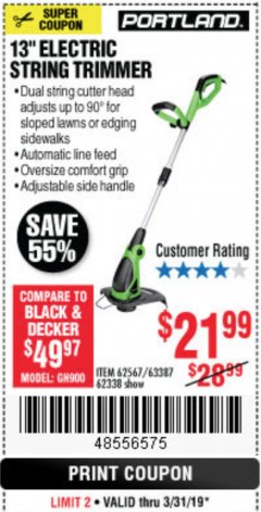 Harbor Freight Coupon 13" ELECTRIC STRING TRIMMER Lot No. 62567/62338 Expired: 3/31/19 - $21.99