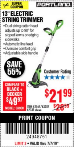 Harbor Freight Coupon 13" ELECTRIC STRING TRIMMER Lot No. 62567/62338 Expired: 7/7/19 - $21.99